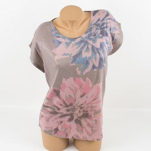 Crosby Beige-Cream Glittering Floral TeeShirt Short Sleeves size L